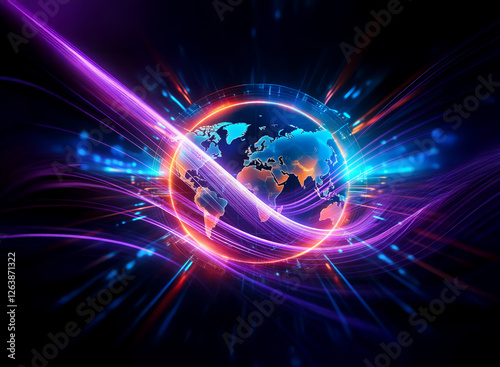 Wallpaper Mural Vibrant globe encircled by dynamic purple and blue light streaks against a dark backdrop, suggesting futuristic energy and global connection. Torontodigital.ca