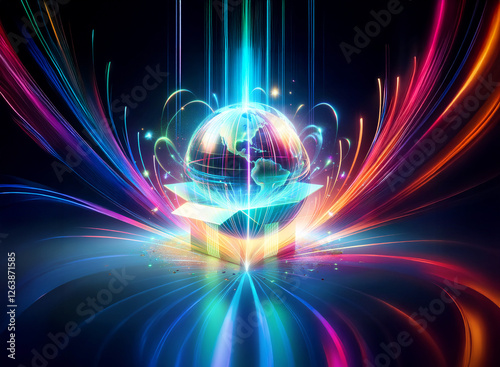 Wallpaper Mural A vibrant globe emerges from an open box, radiating colorful light trails. Beams of energy burst upwards and outwards, creating a dynamic and futuristic digital scene. Torontodigital.ca