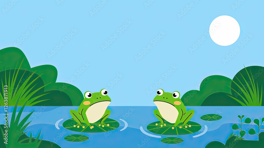 Cartoon Illustration of Two Frogs Sitting on Lily Pads in a Pond Under a Bright Blue Sky with a Sun, Cute Flat Graphic Style Cartoon Illustration of Two Frogs Sitting on Lily Pads in a Pond Under a Bright Blue Sky with a Sun, Cute Flat Graphic Style