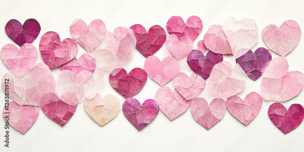 Symmetric heart formation crafted from pink and purple crumpled paper, elegantly arranged against a pristine white backdrop, exuding warmth and creativity