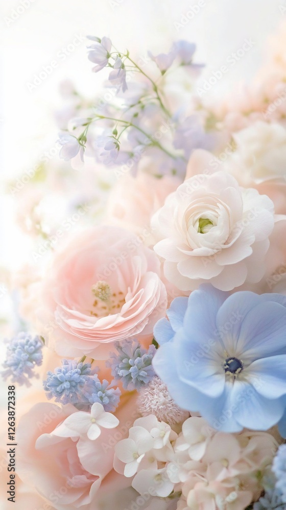 Close-up of delicate pastel pink, white, and blue flowers in soft light. Close-up of delicate pastel pink, white, and blue flowers in soft light.