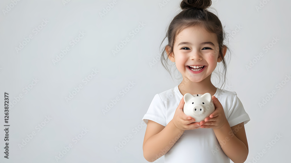 A heartwarming image of a young child joyfully holding a piggy bank, reflecting innocence and the joy of saving for a bright future. A heartwarming image of a young child joyfully holding a piggy bank, reflecting innocence and the joy of saving for a bright future.