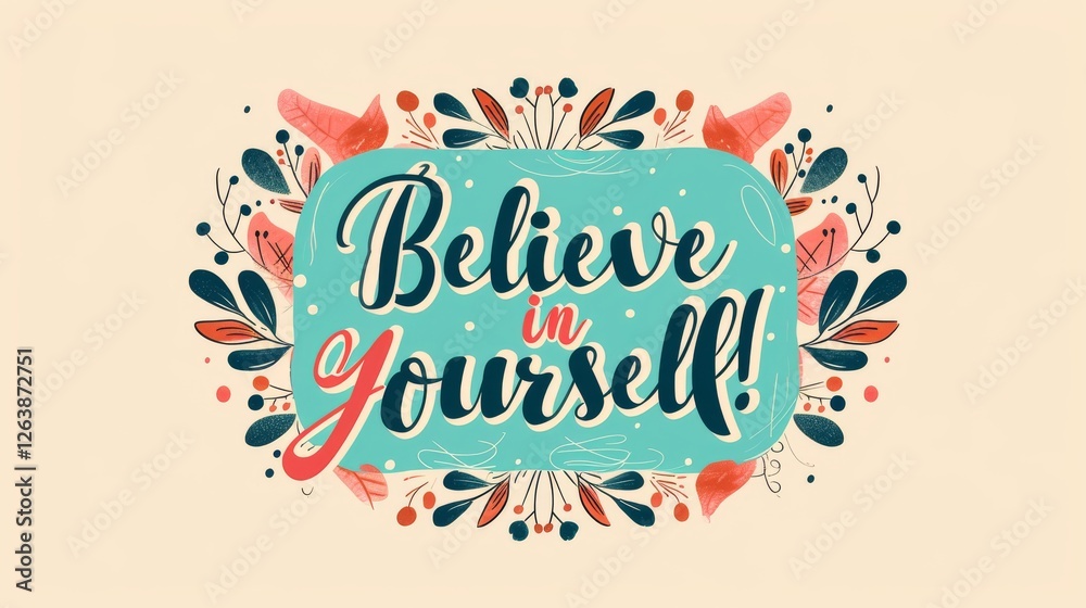 Vibrant typography with Believe in Yourself surrounded by a floral pattern. This cheerful design promotes positivity and self-confidence. AI generated.