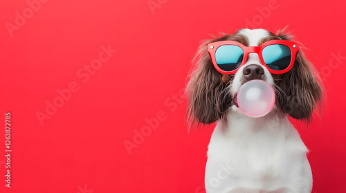 A Playful Pup in Sunglasses Blowing Bubbles Against a Vibrant Red Background