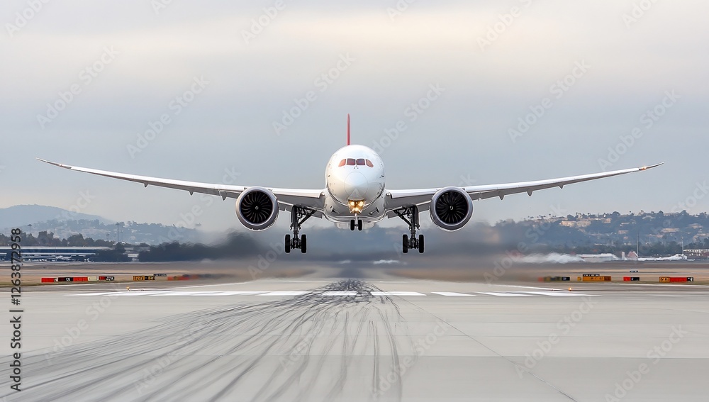 Obraz premium Airplane taking off from runway, front view.