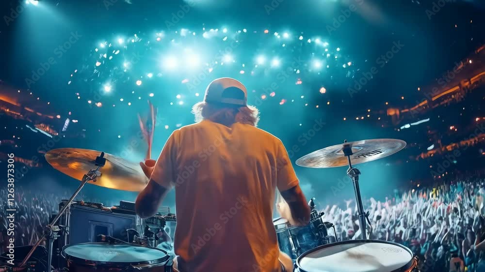 Powerful drummer performing at packed stadium stage, driving rhythmic beats with intense passion while multicolored lights illuminate energized crowd, generating electric concert atmosphere