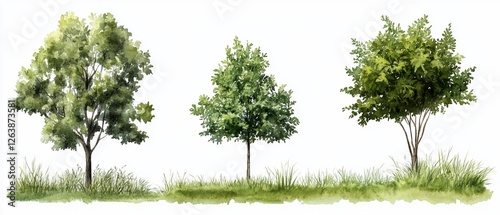 Wallpaper Mural Three watercolor trees, grass, landscape design Torontodigital.ca