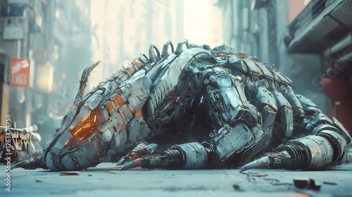 Futuristic mechanized creature resting in urban sci-fi environment. Mechanical Behemoths. Illustration