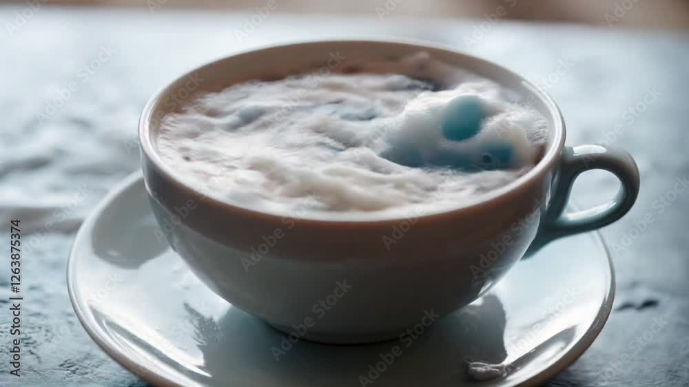 A steaming cup of coffee with swirling cream patterns on a textured table surface, inviting and warm A steaming cup of coffee with swirling cream patterns on a textured table surface, inviting and warm