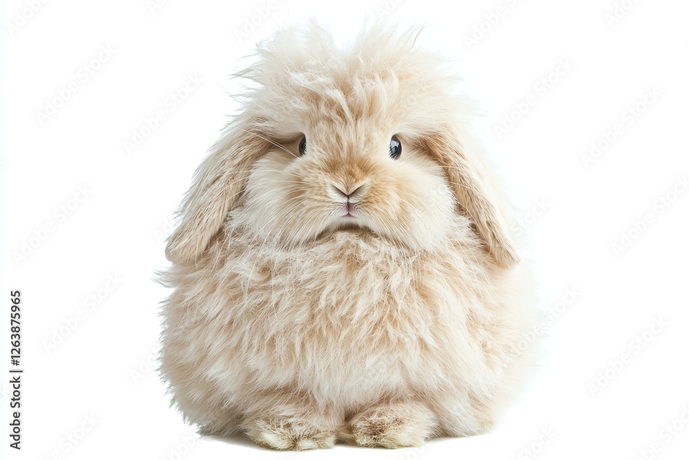 Fluffy Domestic Rabbit with Long Fur Sitting Comfortably on a White Background, Perfect for Animal Lovers and Cute Pet Photography