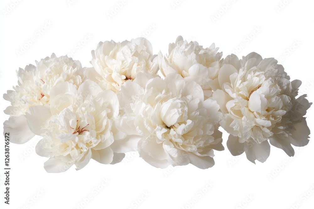 Beautiful White Peonies with Delicate Petals Displaying Elegance and Freshness in a Bright and Soft Arrangement on a White Background Beautiful White Peonies with Delicate Petals Displaying Elegance and Freshness in a Bright and Soft Arrangement on a White Background