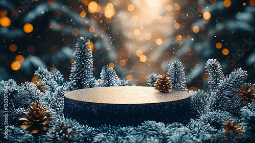 Winter product display, snowy forest backdrop, Christmas pine cones, bokeh lights, holiday marketing