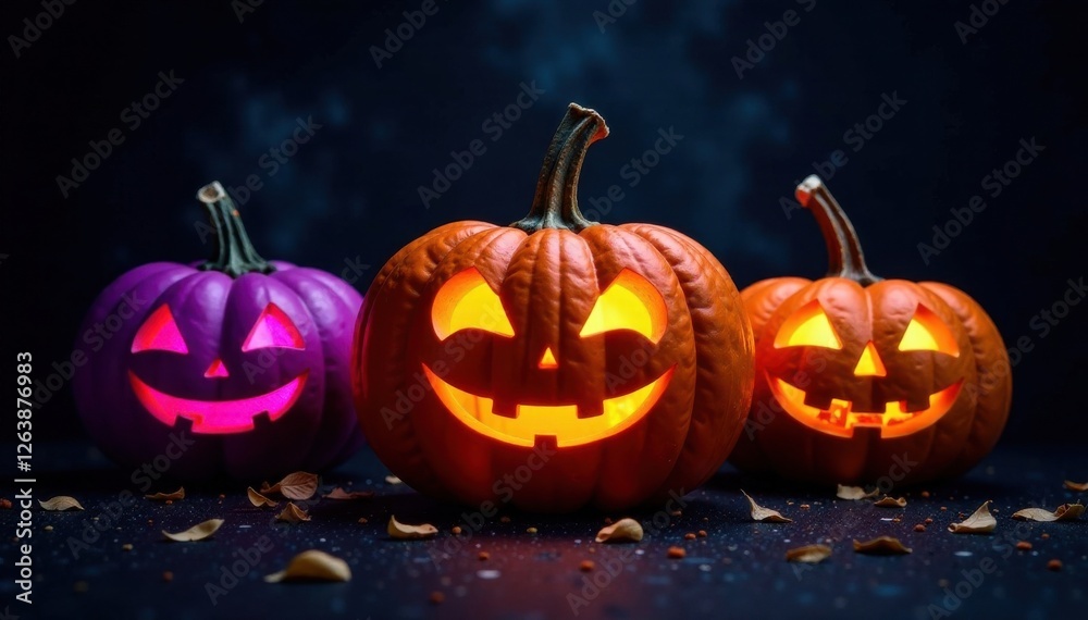 Colorful pumpkins with happy faces on a dark background, night, orange, decoration Colorful pumpkins with happy faces on a dark background, night, orange, decoration