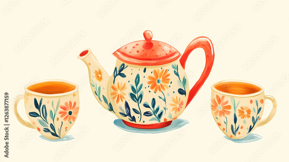 Teapot with matching tea cups illustration Teapot with matching tea cups illustration