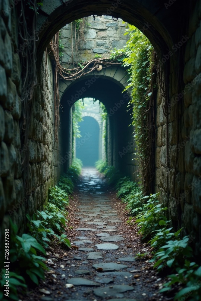 Fototapeta premium Moody abandoned alleyway with crumbling stone walls and twisted vines, ruin, mortar