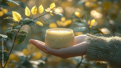 Woman's hand holds cream jar in autumn nature; skincare ad