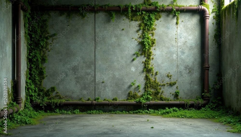 Moss-covered concrete walls with industrial pipes, gritty, urban decay, grunge metal texture Moss-covered concrete walls with industrial pipes, gritty, urban decay, grunge metal texture