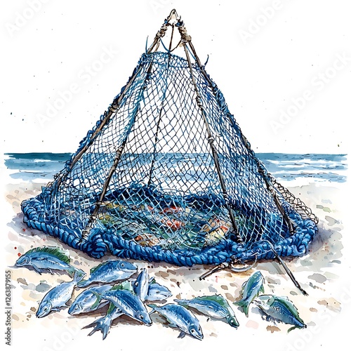 Watercolor Painting of Fish in a Fishing Trap on the Beach. photo