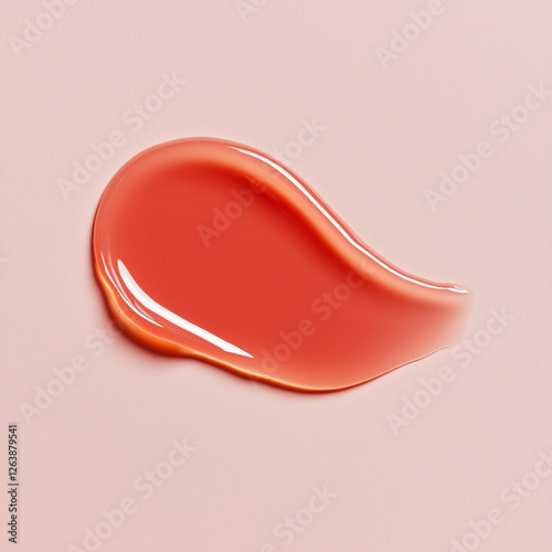 Warm red or orange lip oil, hydrating serum, shower gel, or shampoo swatch with a glossy texture on a soft pink background.