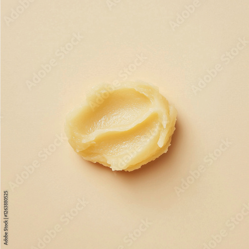 Soft beige texture of a scrub, body butter, or exfoliating balm with a rich consistency. Skincare product on a warm neutral background.