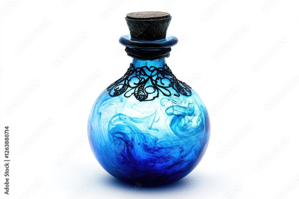 Elegant Blue Glass Bottle with Intricate Design and Unique Swirl Patterns Captured on a White Background Elegant Blue Glass Bottle with Intricate Design and Unique Swirl Patterns Captured on a White Background