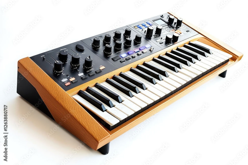 Modern Synthesizer with Keyboard and Control Knobs, Ideal for Music Production and Live Performance in a Contemporary Studio Setup Modern Synthesizer with Keyboard and Control Knobs, Ideal for Music Production and Live Performance in a Contemporary Studio Setup