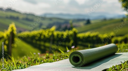 A rolled green yoga mat rests on the grass, set against a beautiful vineyard landscape with rolling hills in the background. Scenic Yoga Retreat, Nature’s Yoga Escape