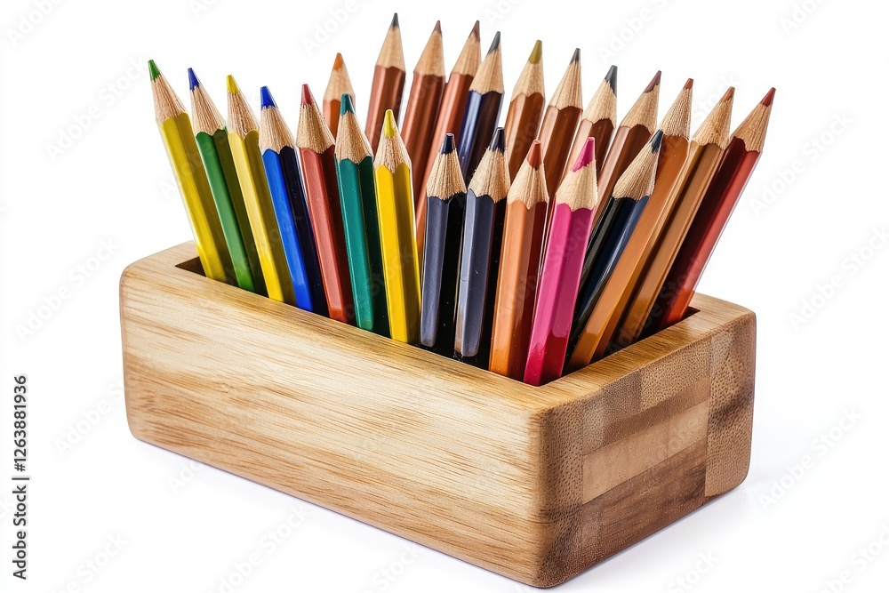 Obraz premium Colorful pencils arranged neatly in a wooden holder, showcasing a vibrant array of shades perfect for artistic projects and creative endeavors