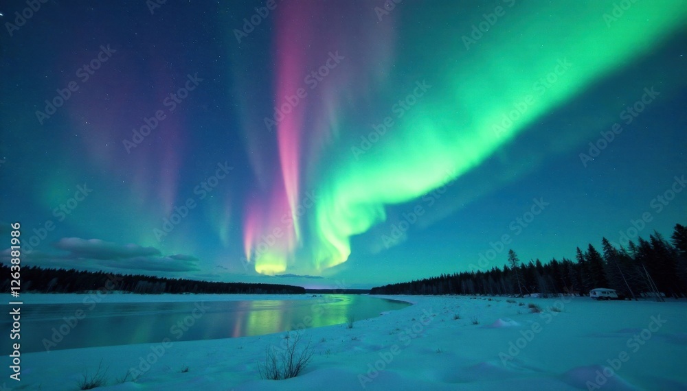 Naklejka premium Northern Lights dancing across the sky at North Pole , natural wonder, aurora borealis, night sky