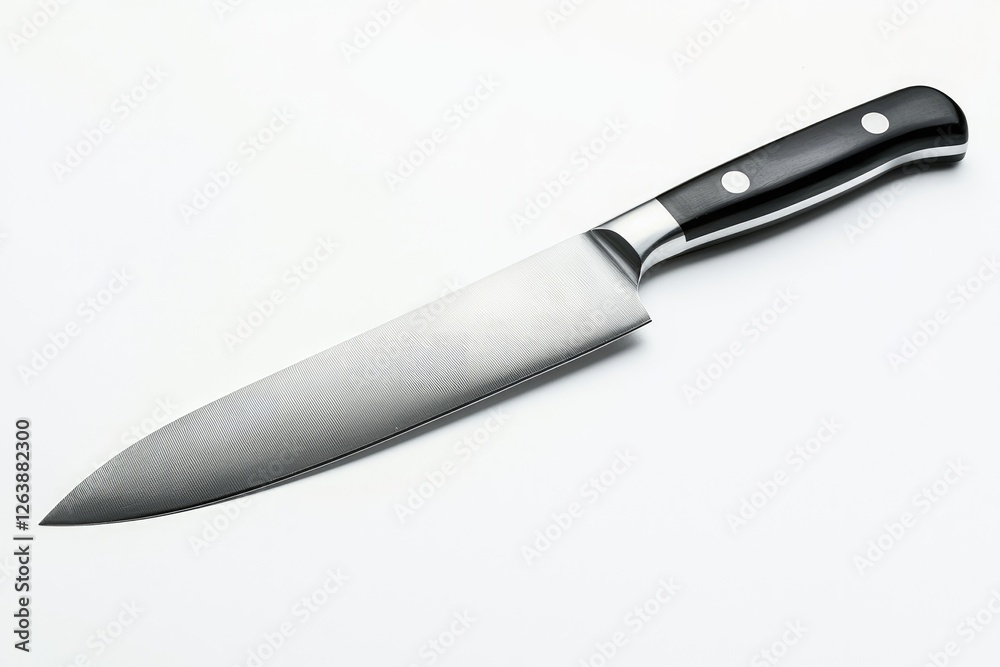 Professional chef knife with a sleek stainless steel blade and ergonomic black handle, ideal for precision cutting and culinary tasks in a modern kitchen setting Professional chef knife with a sleek stainless steel blade and ergonomic black handle, ideal for precision cutting and culinary tasks in a modern kitchen setting