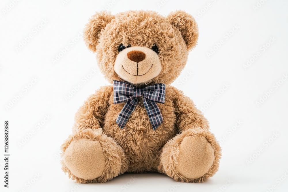 Obraz premium Cute and fluffy teddy bear with a checkered bow tie sitting against a soft white background, perfect for children's decoration and cozy atmospheres