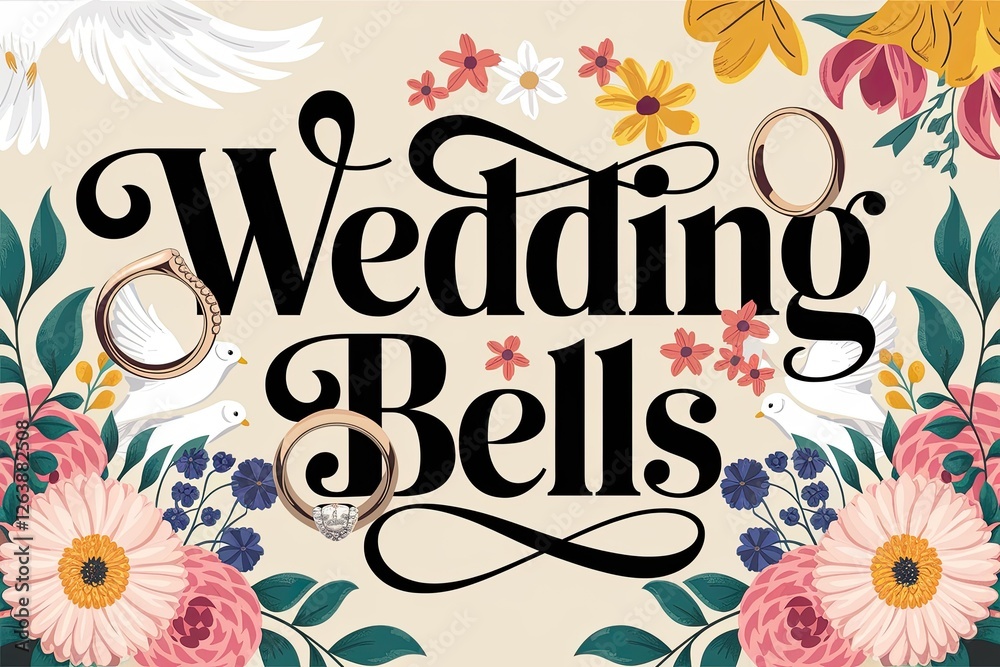 Fototapeta premium Wedding Bells Illustration with Rings, Doves, and Floral Border on Beige Backdrop in a Flat, Graphic Style with Bold Lettering