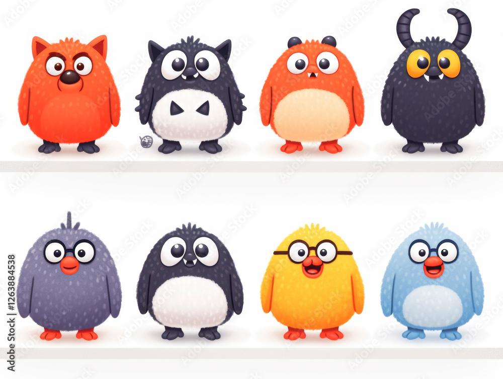 Fototapeta premium Set of six cartoon birds and kawaii monster figurines on a shelf for illustration