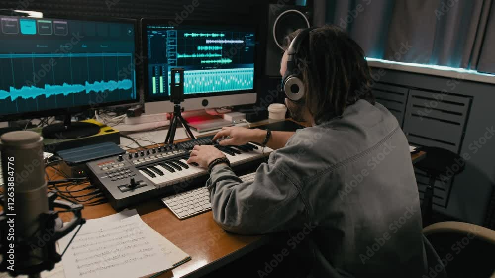 Medium rear shot of young Caucasian male composer sitting in recording studio in front of computer screens, playing chords on synthesizer while working on new song, sheet music on desk
