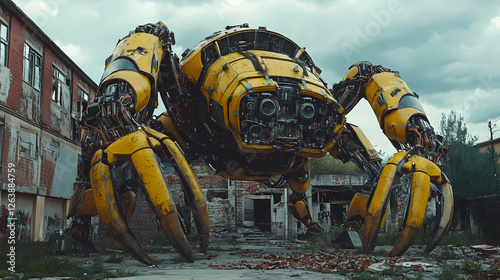 A mechanical behemoth wreaking havoc on urban structures in an abandoned environment. Mechanical Behemoths. Illustration