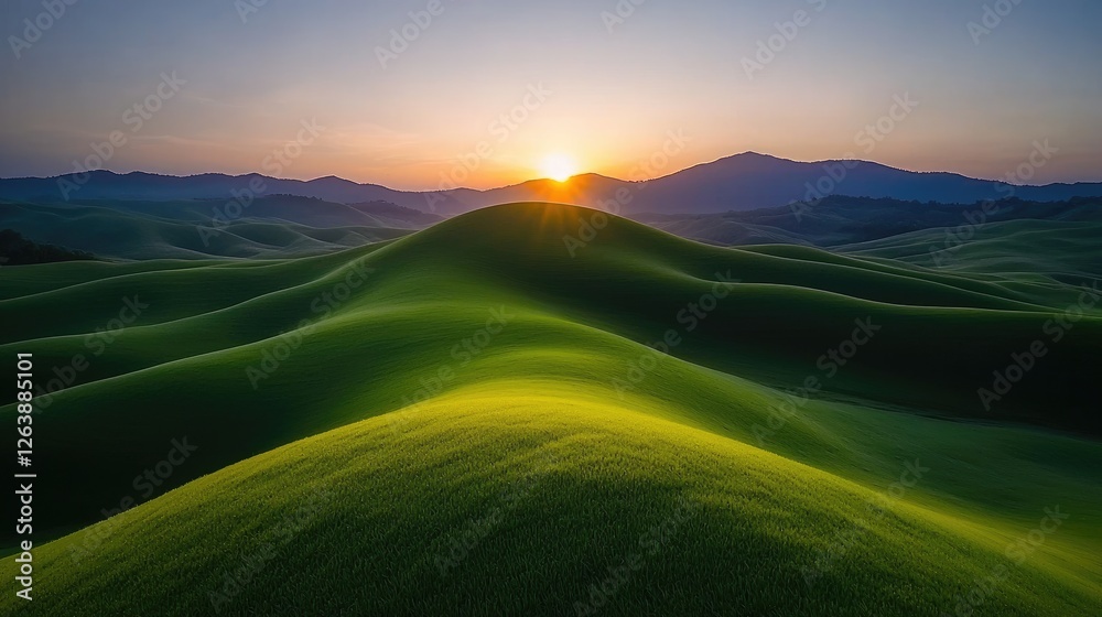 Fototapeta premium Sunrise over rolling green hills, mountain backdrop; nature landscape