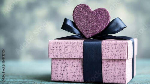 Pink gift box sits beautifully adorned with heart and ribbon. Soft light enhances romantic mood.. AI Generated
