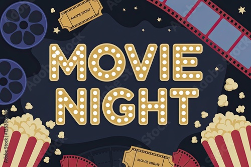 Cheerful, Illustrated 'Movie Night' with marquee-lit text, popcorn, reels, ticket, and filmstrip on a dark blue background, creating a celebratory, inviting mood