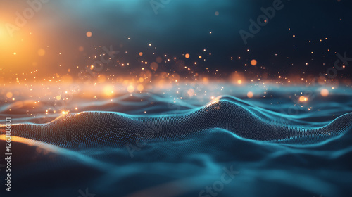 Abstract undulating teal surface with golden light accent in technological style
