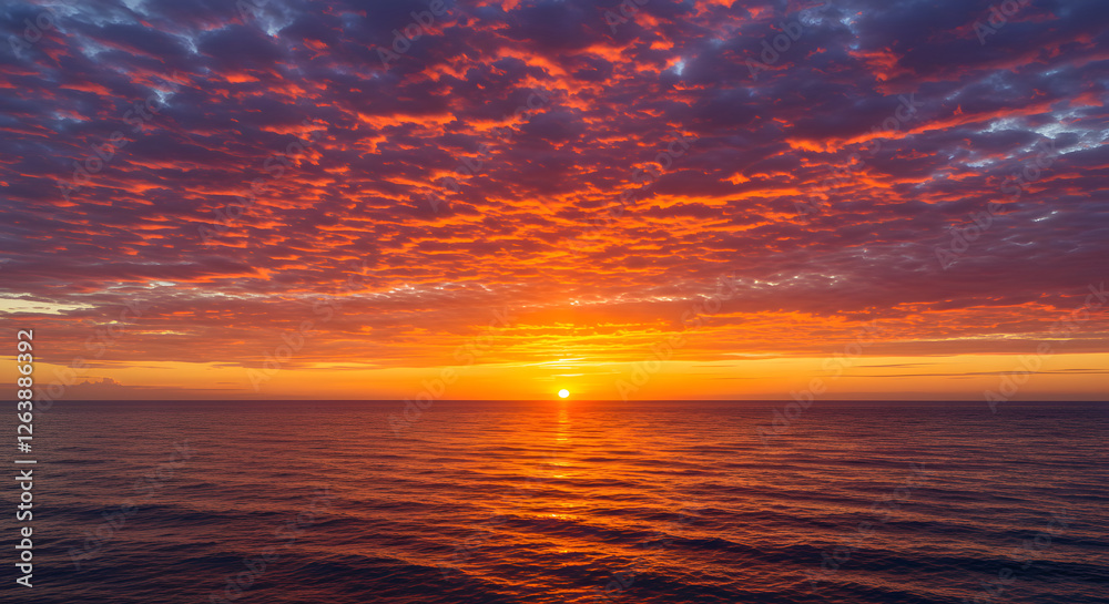 Fototapeta premium 海を照らす炎のような夕日、幻想的なドラマチックな風景