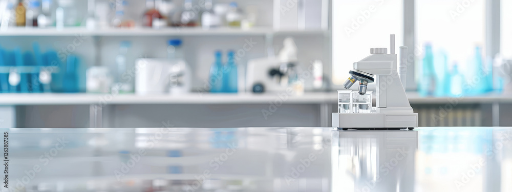 Modern laboratory with white microscope on table and blurred scientific equipment in background. Concept of medical research, biotechnology, microbiology, scientific analysis. Banner. Copy space Modern laboratory with white microscope on table and blurred scientific equipment in background. Concept of medical research, biotechnology, microbiology, scientific analysis. Banner. Copy space