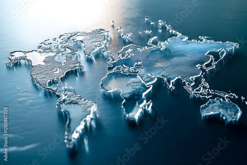 World map sculpted entirely from glistening, translucent ice, slowly melting