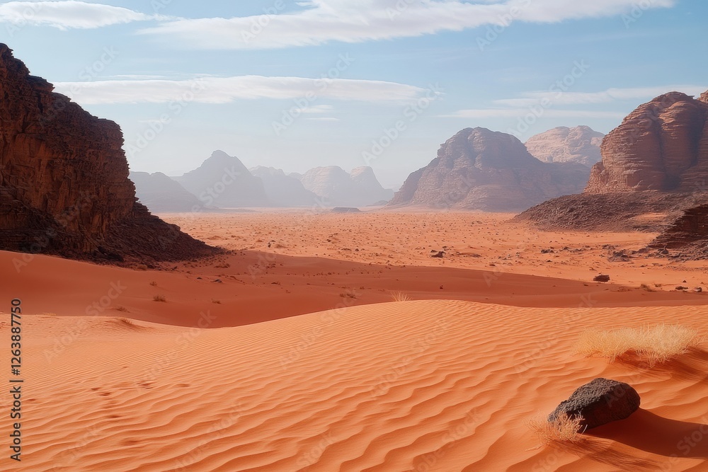 Naklejka premium Vast orange desert landscape with mountains under a bright sky at midday. Generative AI