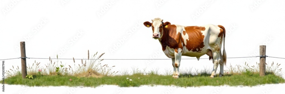 Cow standing near a fence line on white background , farm animals, rural landscape, isolation Cow standing near a fence line on white background , farm animals, rural landscape, isolation