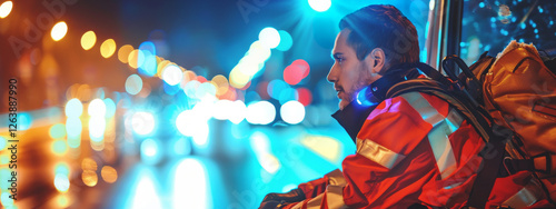 Paramedic near ambulance ready to provide first aid. Man emergency responder with medical backpack. Concept of emergency medical service, rescue workers, urgent care, 911 assistance. Banner Copy space