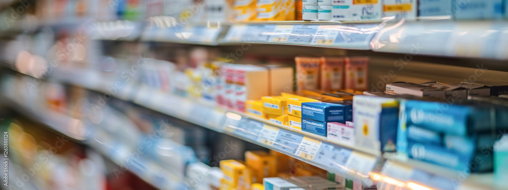Pharmacy shelves filled with various medicines, supplements, healthcare products in modern drugstore. Concept of pharmaceutical industry, healthcare, medication, drugs, retail. Banner. Copy space Pharmacy shelves filled with various medicines, supplements, healthcare products in modern drugstore. Concept of pharmaceutical industry, healthcare, medication, drugs, retail. Banner. Copy space