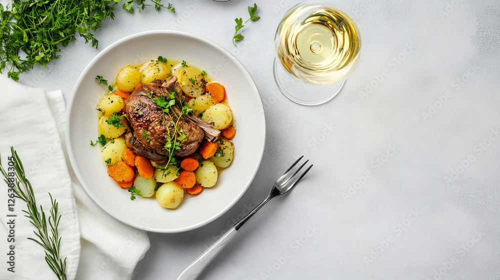 Rustic Rabbit Stew with Potatoes and Carrots on Elegant Table Setting with Herbs and White Wine. Copy space Rustic Rabbit Stew with Potatoes and Carrots on Elegant Table Setting with Herbs and White Wine. Copy space