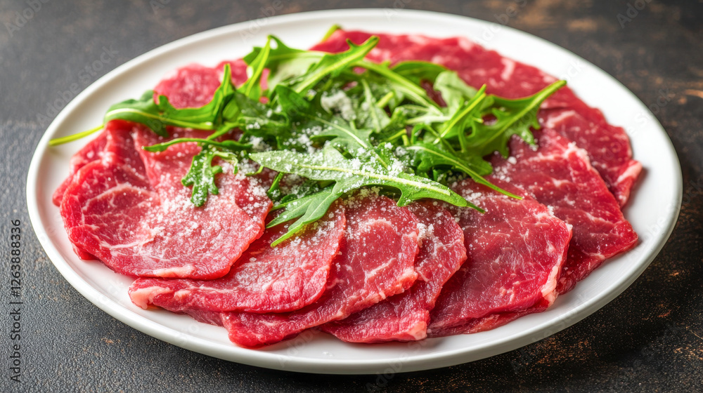 Delicious Raw Beef Carpaccio with Arugula and Parmesan on White Plate Capturing Freshness and Culinary Elegance. Meat Delicious Raw Beef Carpaccio with Arugula and Parmesan on White Plate Capturing Freshness and Culinary Elegance. Meat