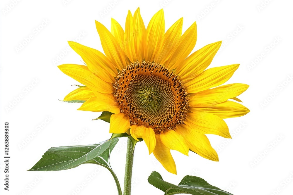 Fototapeta premium Bright and Vibrant Sunflower Blooming with Lush Green Leaves Against a Light Background, Symbolizing Summer, Nature, and Cheerfulness in Full Glory