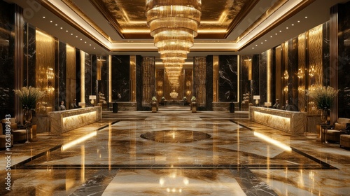 Wallpaper Mural Luxurious hotel lobby, guests checking in, grand chandelier, marble floors Torontodigital.ca